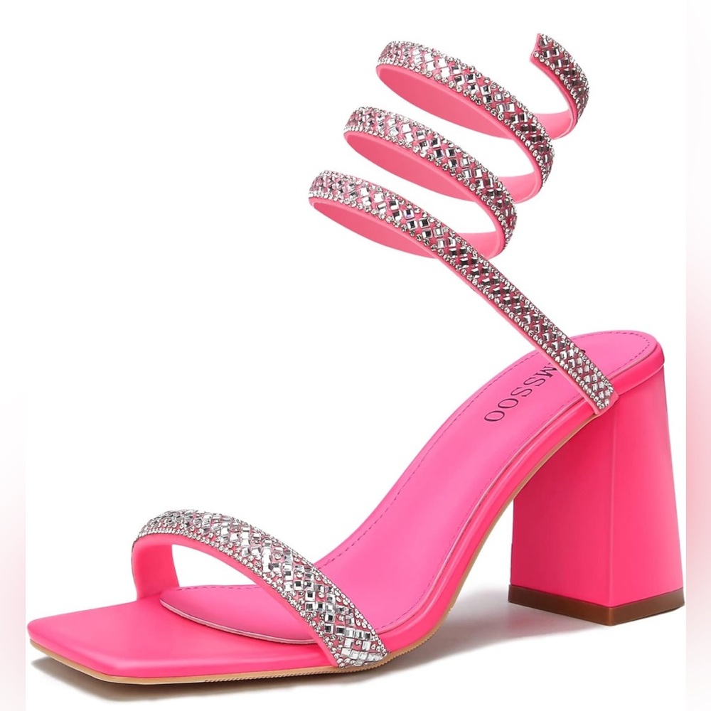 Women's Formal Rhinestone Coil Spiral Ankle Wrap Strap High Chunky Block Heels